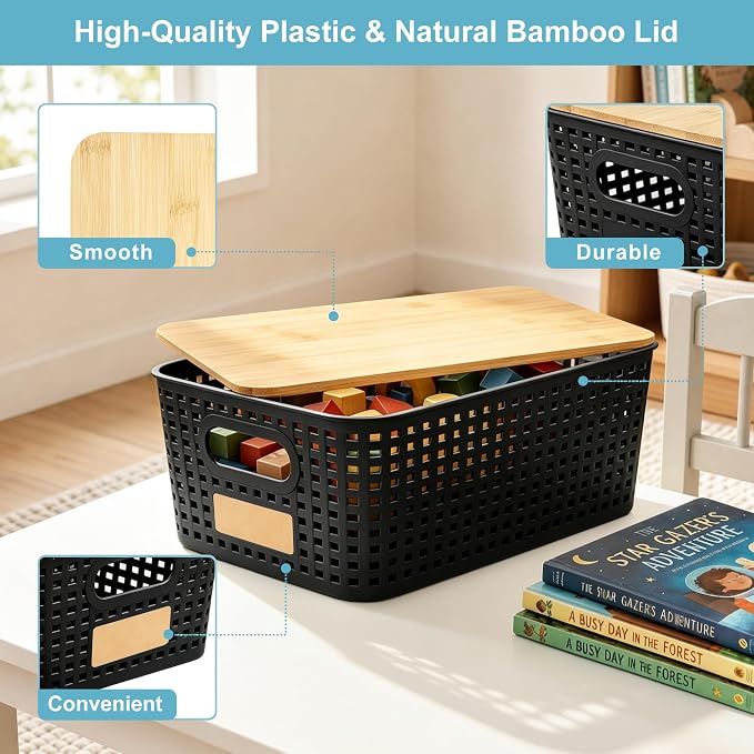 Bagnizer Small Plastic Storage Bins with Bamboo Lids 5.2qt Stackable Box Basket Pantry Decorative Containers Cute with Lable for Organizing Desktop Closet Office Black of 6 packs 10 * 7.2 * 4.1"