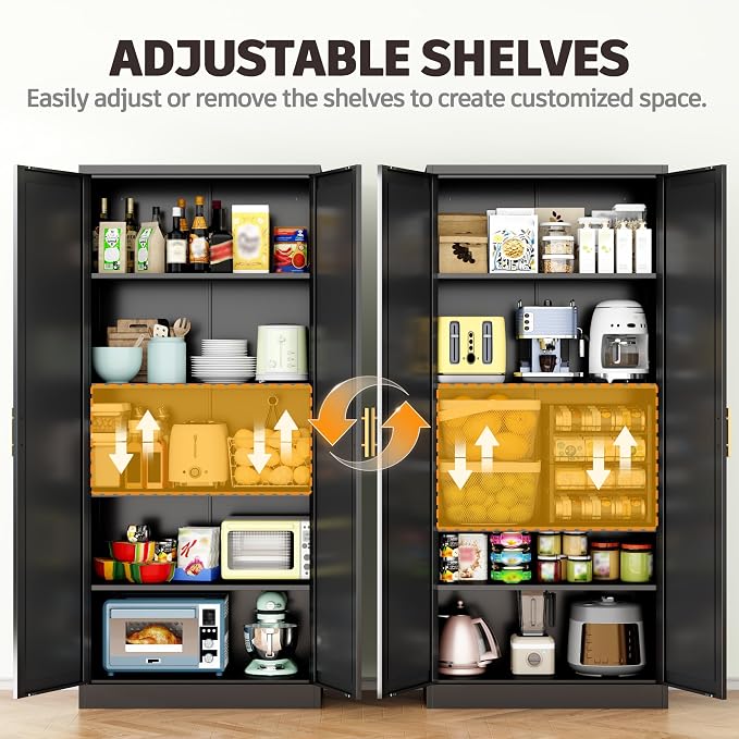 71”Tall Kitchen Pantry Cabinet, Metal Storage Cabinet with Doors and Shelves (Black)