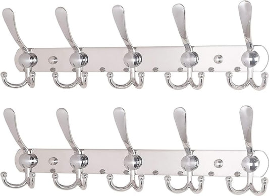 Dseap Wall Mounted Coat Rack - 5 Tri Hooks, Heavy Duty, Stainless Steel, Metal Coat Hook Rail for Coat Hat Towel Purse Robes Mudroom Bathroom Entryway (Chromed, 2 Packs)