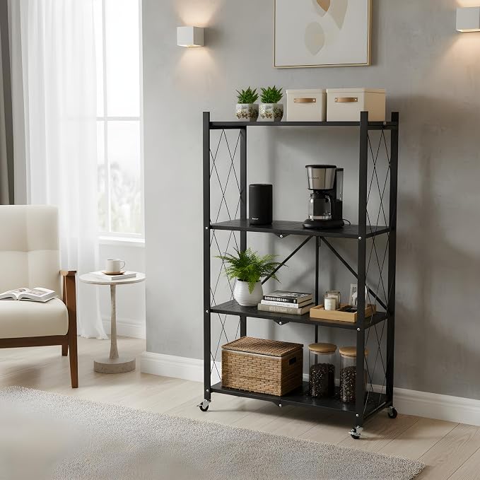 4 Tier Foldable Storage Shelf with Wheels, Collapsible Metal Rack Shelving Unit, No Assembly Required, Rolling Cart Shelf Rack Organizer for Books, Garage, Kitchen, Closet, Pantry, Exhibition, Black