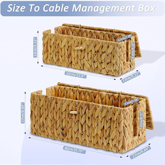 efluky 2 Pack Water Hyacinth Floor Cord Covers with Lid, Hand-woven Cable Management Box, 2 Open Slots Cord Box to to Hide USB Wire, Power Strip & Charger for Home & Office and Dorm, Natural