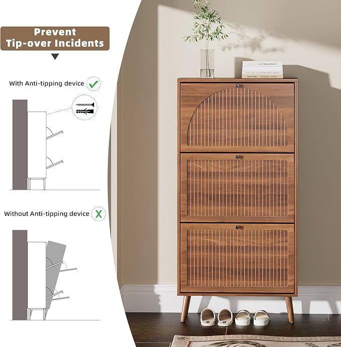 Fsbecl Shoe Storage Cabinet for Entryway with 3 Flip Drawers, Walnut | Narrow Single Layer Design, 23.6'' Freestanding Shoe Rack, Wooden Hidden Organizer for Hallway Foyer, 6-9 Pairs