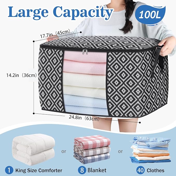 100L 6 Pack Storage Bags, Foldable Clothes Bins with Clear Window, Black