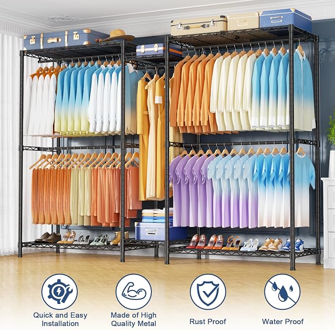 E12 Max Clothes Rack，Heavy Duty Freestanding Garment Rack with Shelves，Metal Clothing Closet Storage System for Hanging Clothes，83" W x 16" D x 76.5" H, Hold 1060 lbs，Black
