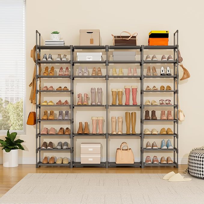 ROJASOP Large Shoe Rack Organizer for Entryway Closet 64-68 Pairs 9-Tier Heavy Duty Tall Garage Shoe Rack Shoe Shelf Shoes Storage with 18 Pcs Removable Side Hooks for Bedroom and Garage Grey