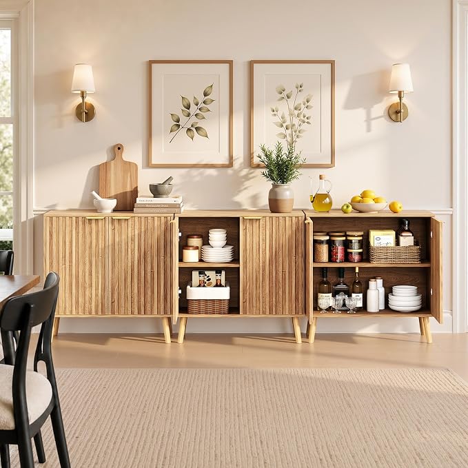 Set of 4 Fluted Storage Cabinet, Buffet Cabinet with Storage, Wood Sideboard with Adjustable Shelf, Modern Accent Cabinet & Console Table for Entryway, Living Room, Dining Room, Natural