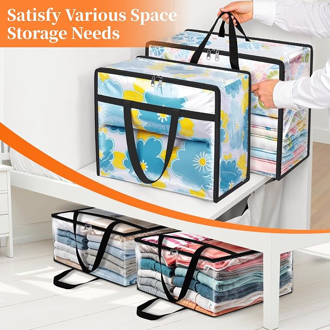 SpaceTrove Clear Storage Bags, 6-Pack Under Bed and Closet Organizers 40L | Clear PVC bags with zippers and handles, foldable waterproof moving bags store comforters, blankets, bedding, clothes and toy