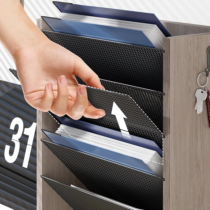 Mail Organizer Wall Mounted, 6-Slot Hanging File Organizer with Key Holder | Mail Sorter, Wood Letter Holder for Envelopes Bills Magazine Folders Papers Accessories for Home Office, Greige