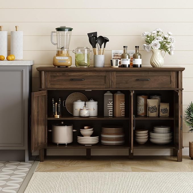 55 Inch Buffet Cabinet with Storage, Farmhouse Sideboard Buffet w/2 Drawers and 3 Doors, Wood Coffee Bar Cabinet with Adjustable Shelves, Sideboard Storage for Kitchen, Living Room, Walnut