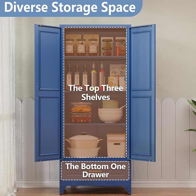 Polup 75" Metal Storage Cabinet, Tall Kitchen Pantry Cabinet with 1 Drawer | Blue Heavy-Duty Steel Cupboard, 2 Doors, 3 Adjustable Shelves, Magnetic Latch, Gold Handles, for Dining Living Room, Laundry