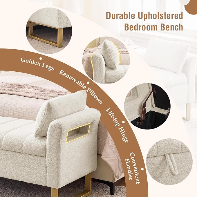 66" King Size Storage Bench for Bedroom End of Bed Benches with Storage | Bedroom Benches for Foot of Bed King with Gold Legs,2 Pillows,Storage Ottoman Bench for Bedroom,Entryway Teddy Ivory White