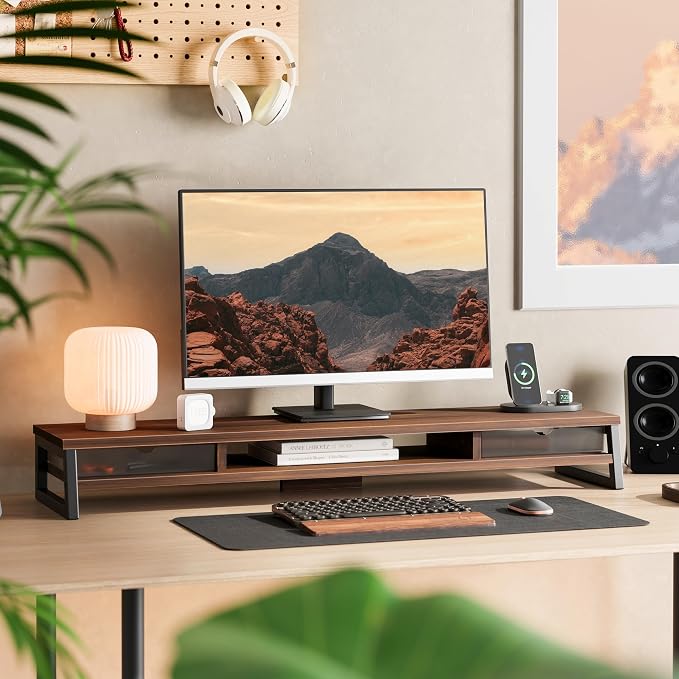 Fenge Dual Monitor Stand Riser, 42.5in Desk Shelf with 2 Drawers, Brown | 2-Tier Monitor Shelf for Desk, Storage Drawer with Stopper, Frosted, fit Home Office, Ultrawide Screen, PC, Laptop, TV