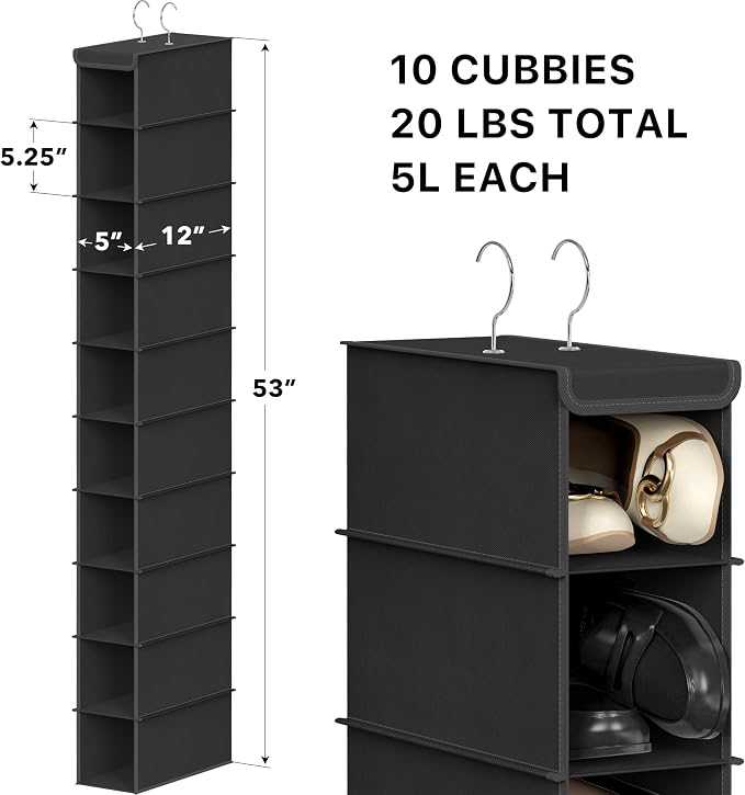 Simple Houseware 10 Shelves Closet Hanging Shoe Organizer, Black | Dual Metal Hooks, Holds Up to 20 lbs, for Narrow Space