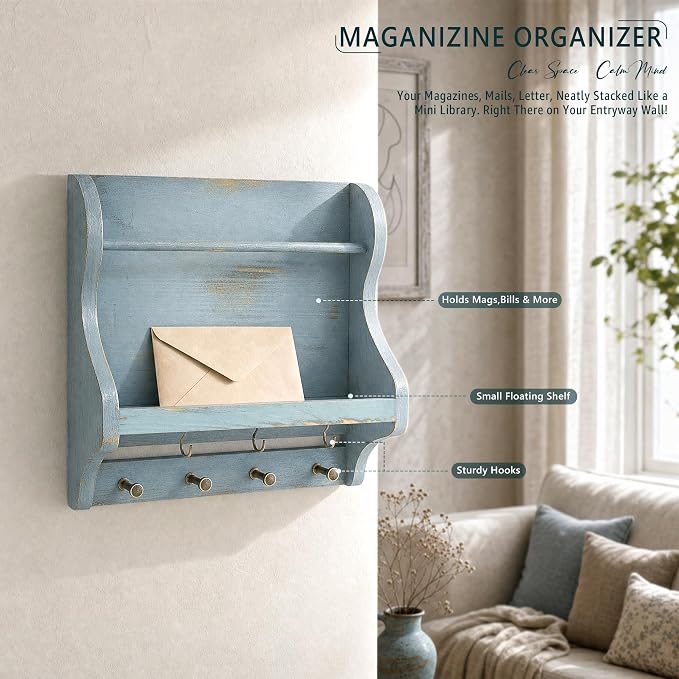 Pine Wood Mail Organizer Wall Mount: Magazine Holder for Room Decor, Blue | Anti-drop wood strip, Letter Holder Slot for Newspaper, 7 Key Hooks, Rustic Entryway Organizer, Ideal Home Organization