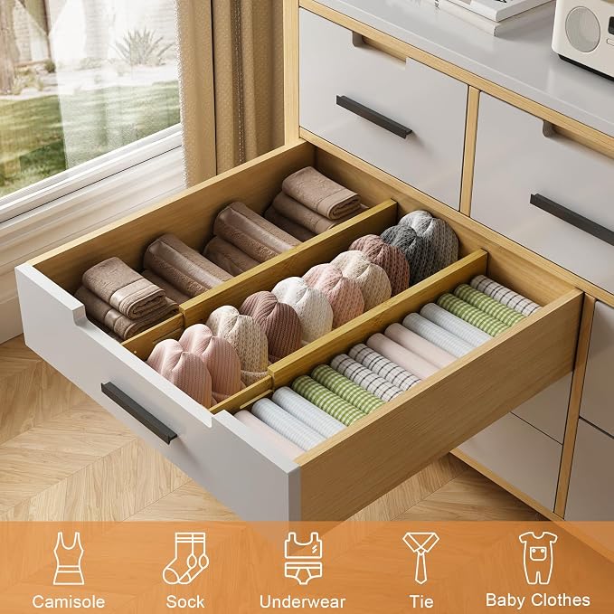 Bamboo Drawer Dividers, Adjustable Drawer Organizers, Fits 17.6–21" Drawers | 2.5" High, 8 Pack Expandable Drawer Separators for Kitchen, Nursery, Dressers & Office Storage, Natural