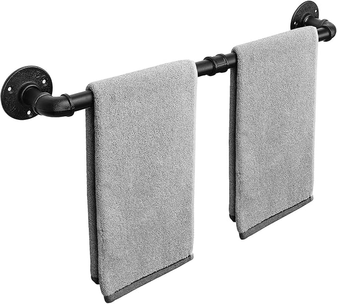 Livabber Industrial Pipe Towel Bar, Rustic Iron Decor Bathroom Hardware Towel Holder Accessory, Heavy Duty Wall Mounted Bath Towel Rack, Black (24 Inch)