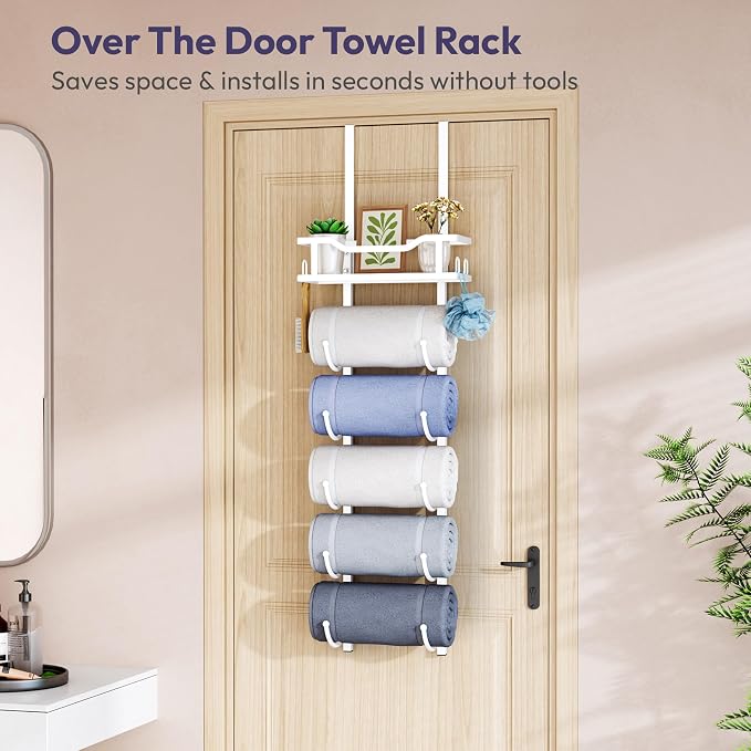 SWTYMIKI Over the Door Towel Rack - 6 Tier Towel Racks for Bathroom Wall Mounted, Towel Holder with Shelf, Hanging Rolled Towel Storage Organizer for Small Bathroom, Camper, RV, White