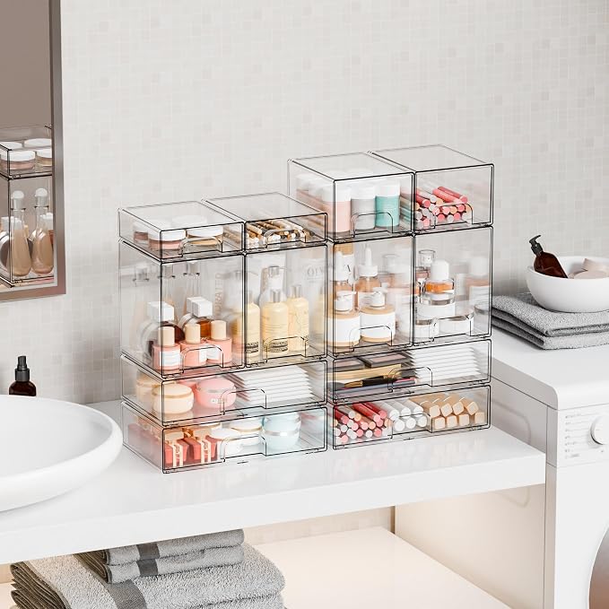 12.1''W Clear Stackable Storage Drawers,4Pcs Acrylic Drawer Organizer for Hair Accessories,Makeup Organizers,Plastic Office Supply Organizer for Pen,Pencil,Medicine,Accessory,Craft Organization