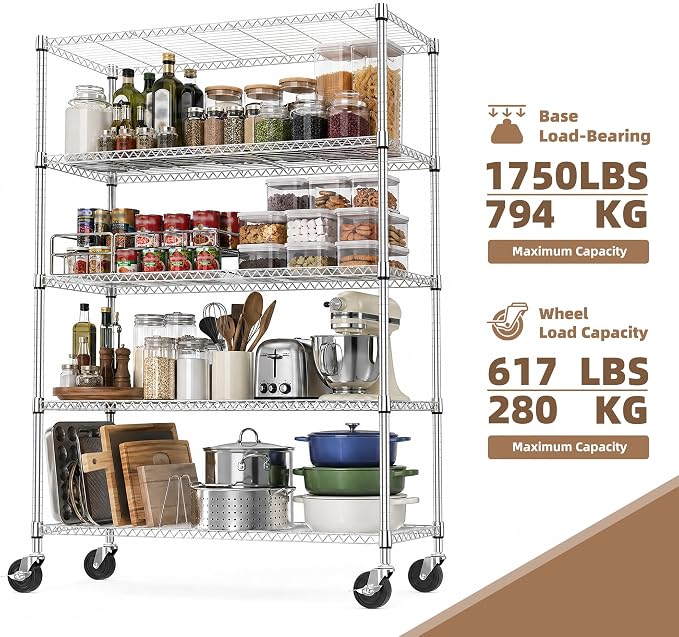 M MZG 5-Shelf Heavy Duty Garage Shelving Wire Adjustable Storage Rack for Kitchen Laundry Bathroom Pantry 1750 lbs Capacity Silver 17.7 x 47.3 x 75.6 Inch