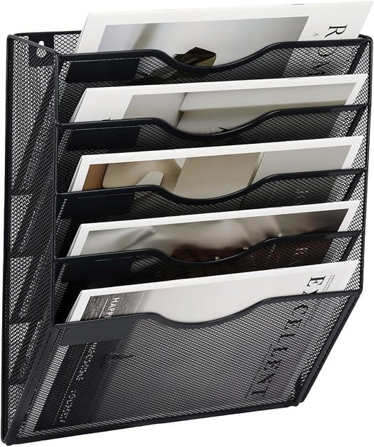EASEPRES 5 Pocket Mesh Hanging Wall File Organizer, Wall Mounted Mail Paper Document Folder Holder, Clipboard Storage Organization Magazine Rack with Nametag Label for Office Home School, Black