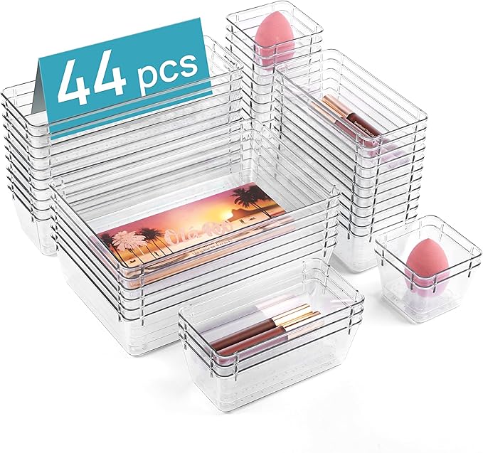 Vtopmart 44 PCS Clear Plastic Drawer Organizers Set, Vanity Organizer Trays | 4-Size Versatile Makeup Organizer, Non-Slip Storage Containers for Makeup, Jewelries, Bedroom，Kitchen Utensils and Office