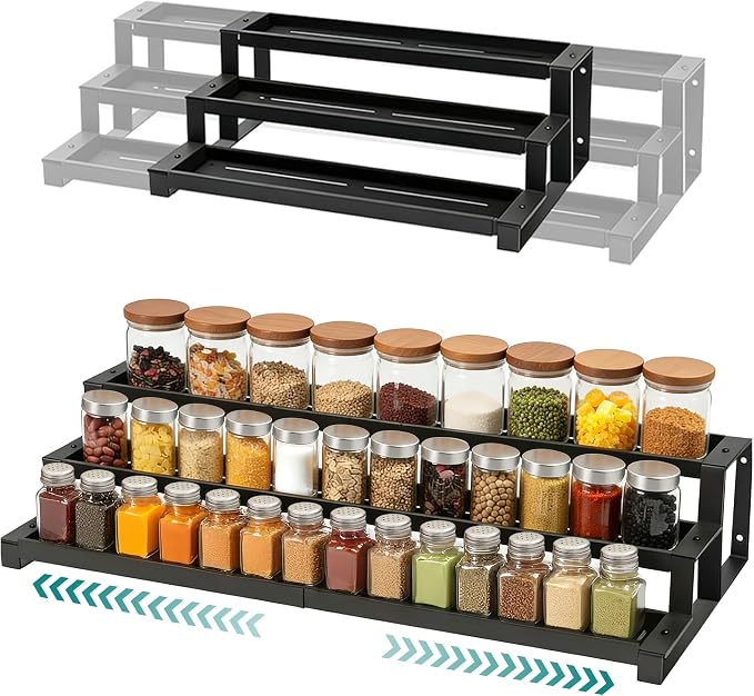 bealy Expandable 3-Tier Spice Rack Organizer for Cabinet, Adjustable Length 16“-29” Spice Shelf, Metal Spice Organization for Cabinet Countertop Pantry, Slip-Resistant Design for Jars and Bottles