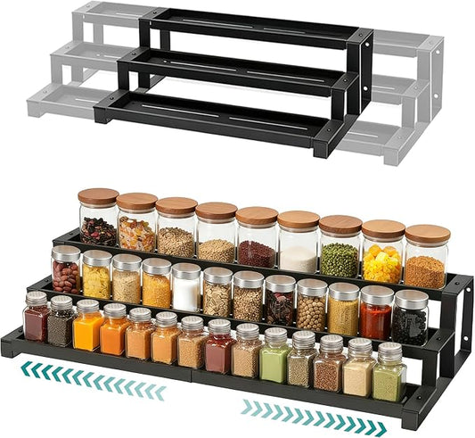 bealy Expandable 3-Tier Spice Rack Organizer for Cabinet, Adjustable Length 16“-29” Spice Shelf, Metal Spice Organization for Cabinet Countertop Pantry, Slip-Resistant Design for Jars and Bottles