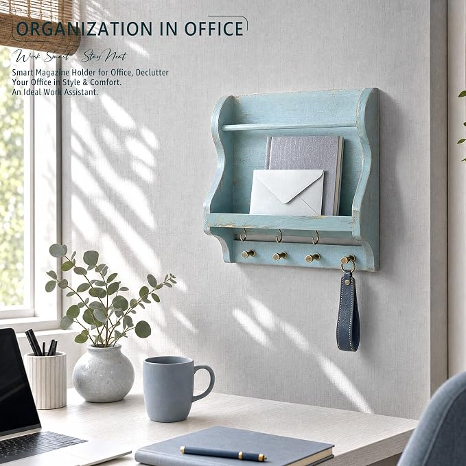 Pine Wood Mail Organizer Wall Mount: Magazine Holder for Room Decor, Blue | Anti-drop wood strip, Letter Holder Slot for Newspaper, 7 Key Hooks, Rustic Entryway Organizer, Ideal Home Organization