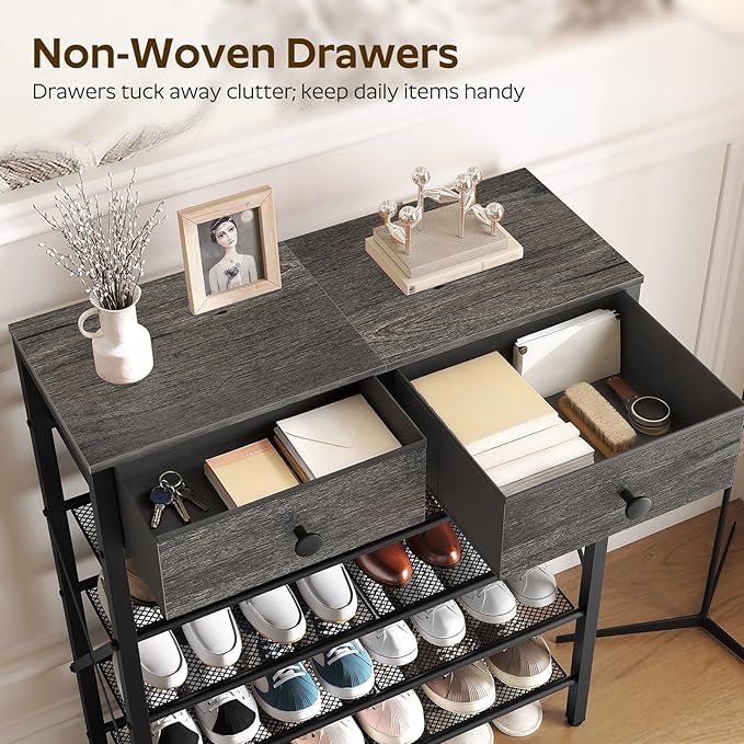 5 Tier Shoe Rack, Large Capacity Shoe Storage Organizer, Metal Shoe Shelf with Drawer and Wooden Top, for 20 Pairs of Shoes, for Entryway, Closet, Charcoal and Black SS25BCY1