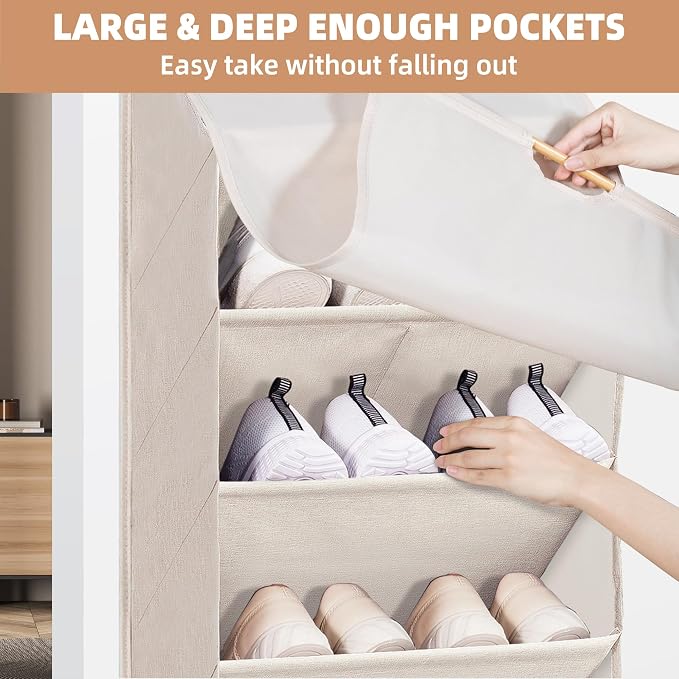 STORAGE MANIAC Over the Door Shoe Organizer with Curtain Dustproof Heavy-Duty Large Deep Pocket Hanging Shoe Organizer for Closet Dorm & Narrow Door Storage Shoe Holder Shoe Rack, 7-Shelf Beige 1 Pack