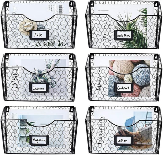 6 Pockets Hanging File Holder Wall Mount Mail Organizer Metal Chicken Wire Magazine Rack with Tag Slot, Black