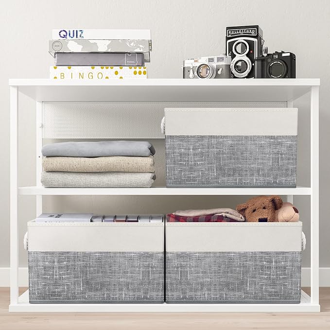 Fab totes Storage Bins 6-Pack, Foldable Storage Baskets for Organizing Toys, Books, Shelves, Closet, Large Storage Box with Rope Handles, Sturdy Organizer Bins, White & Grey