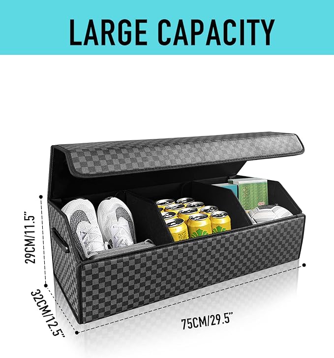 Fyzeoty Car Trunk Organizer for SUV and Sedan, Blue-Gray, 29.5 inches | Unique Blue‑Gray Plaid, Extra Large, Leather Storage Box, Magnetic Lid, Collapsible & Adjustable, Water‑Resist & Dust‑Proof