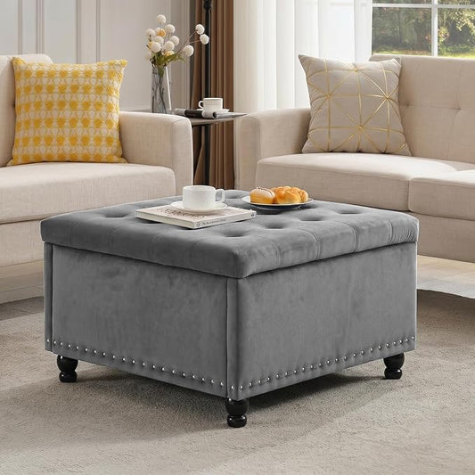 Tbfit Large Square Storage Ottoman Bench, Button Tufted Upholstered Coffee Table Ottoman with Wooden Legs, Oversized Storage Ottomans Toy Box Footrest for Living Room, Gray-Velvet