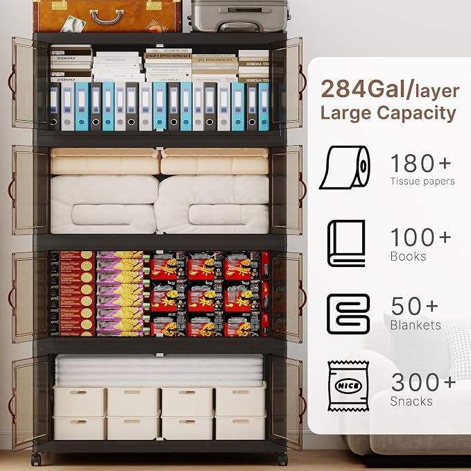 1136QT Extra Large Stackable Storage Bins with Lids | & Wheels & Door, 284Gal Foldable Collapsible Closet Organizers, Plastic containers drawers for bedroom Dorm