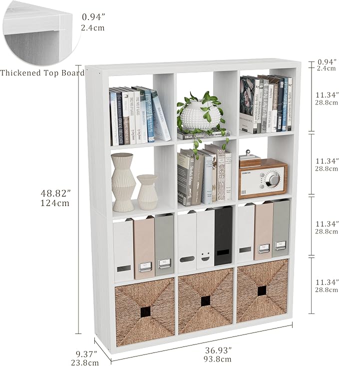 VDNEND Cube Storage Organizer Bookcase, Decorative 11 inch Open Back Cubical Shelf with Thickened Border, Display Bookshelf for Living Room, Home Office, Sturdy Room (White, 12 Cube)