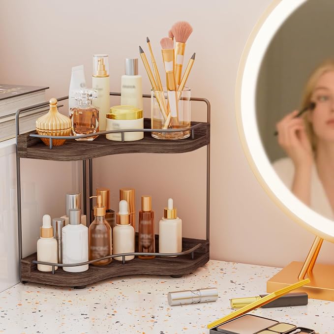 2-Tier Corner Bathroom Counter Organizer, Larger Size | Embedded Screw Holes, Sturdy & Stable, Oversized, Holds More, Vanity Shelf for Makeup & Skincare