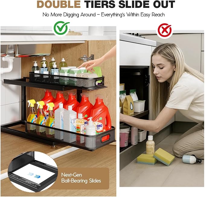 2-Pack 18.5 IN Depth Under Sink Organizer With Next-Gen Ball-Bearing Slides,Sophisticated Mesh 2-Tier Pull Out Shelf for Kitchen & Bathroom,Fits Small Items-Black