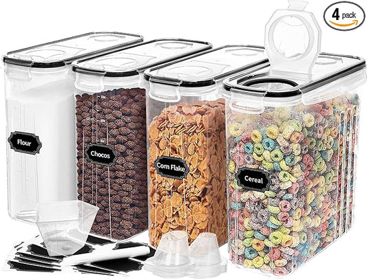 Skroam 4PCS Cereal Containers Storage [4L/135.2 oz], Airtight Food Storage Containers with Pour Spout for Kitchen & Pantry Organization Storage, Plastic Cereal Dispensers, Measuring Cup & 20 Labels