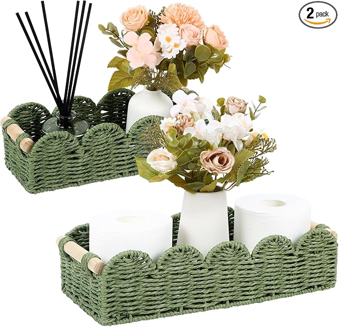Paper Rope Storage Basket Set of 2 with Wooden Handles - Scalloped Toilet Paper Organizer, Cute & Functional Home Decor for Bathroom or Living Room (Green)