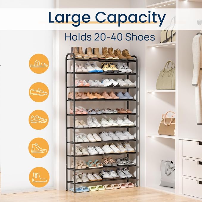 ENJOYBASICS Expandable Shoe Rack, 32.4'' Wide - 10 Tier Adjustable Shoe Organizer Shelf for Closet, 40 Pairs Black Metal Free Standing Shoe Rack Storage for Garage, Entryway