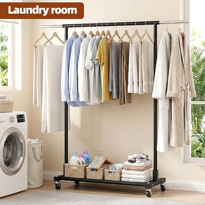 Luxspire 350LBS Heavy Duty Clothes Rack Black Rolling Garment Rack, Black | Rustproof iron frame, extendable hanging rod, oxford bottom storage, lockable casters for bedroom laundry balcony