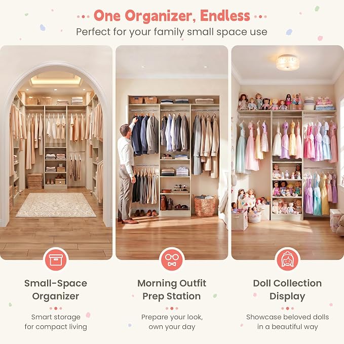 48" Small Closet System, Space-Saving Wall-Mounted Wardrobe Organizer, Mini Garment Rack for Narrow Spaces, Morning Outfit Prep Station & Nursery Dress-up Storage, White Oak