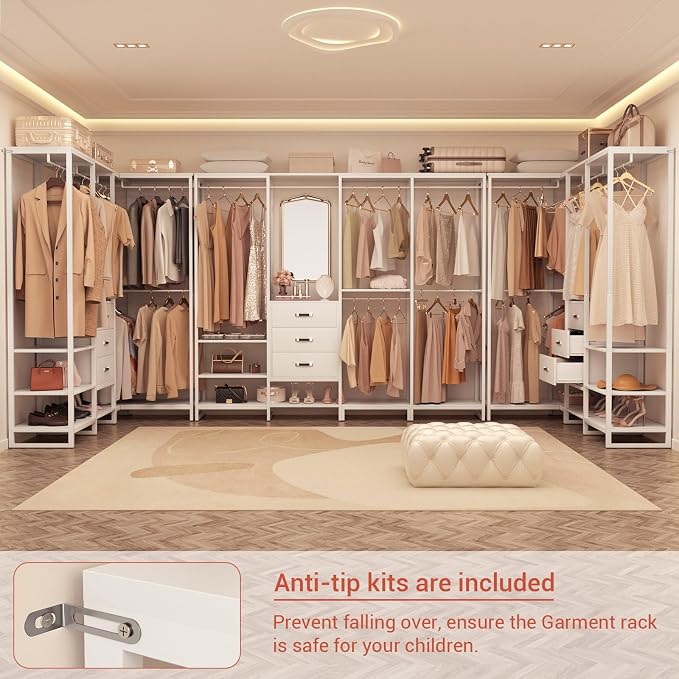Aheaplus Wood Clothes Rack Wardrobe Closets for Hanging Clothes Heavy Duty Garment Rack, Large Corner L Shaped Closet System Organizer Walk-in Closet for Bedroom with 3 Wood Drawers, Pure White