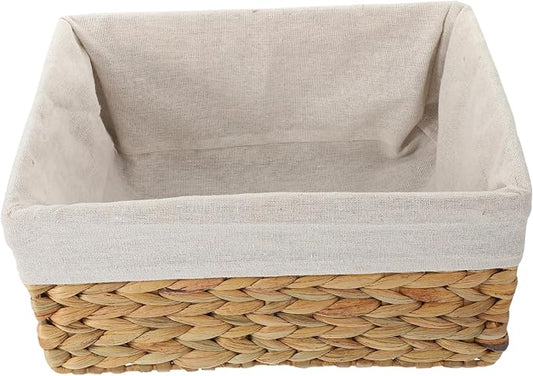Woven Storage Basket Straw and Fabric Shelf Basket for Books | Desk Top Use, Magazine Holder, Strong Build, Simple Elegant Rustic Look, Home Organizing Accent Piece