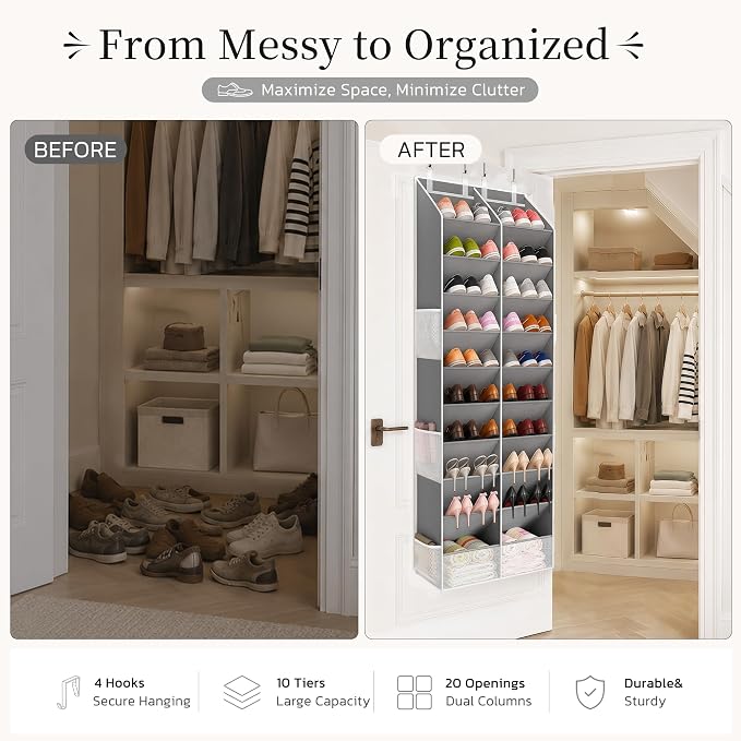 Over the Door Shoe Organizer, 20-30 Pairs Heavy-Duty Hanging Shoe Storage with Large Pockets, 10-Tier Door Shoe Rack with 4 Hooks for Sneakers Sandals Heels Boots (Gray)