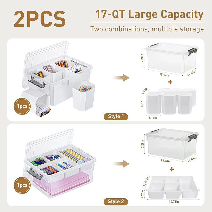 Citylife 17QT 2Packs Clear Craft Organizers and Storage Bins with Lids | Stackable Art Supply Organizer with Tray and 6 Inserts for Markers, Crayons, Pencils, Tools, Playdoh, Coloring Books