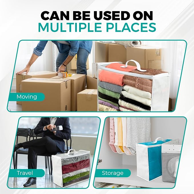 VitalUp Clear Moving Bag (3-Pack) 18x15x9 - Zipper, Blankets, Breathable | Breathable Non-Woven Sides, Foldable, Comforters, Bedding, Clothes, Sweaters, College, Dorm, Packing