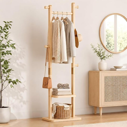 Solid Wood Coat Rack Freestanding, Clothing Rack with 5 Hooks & Bottom Shelf, Heavy Duty Coat Rack Stand for Hanging Clothes, Wood Hall Tree Organizer for Entryway, Bedroom (Natural Wood)