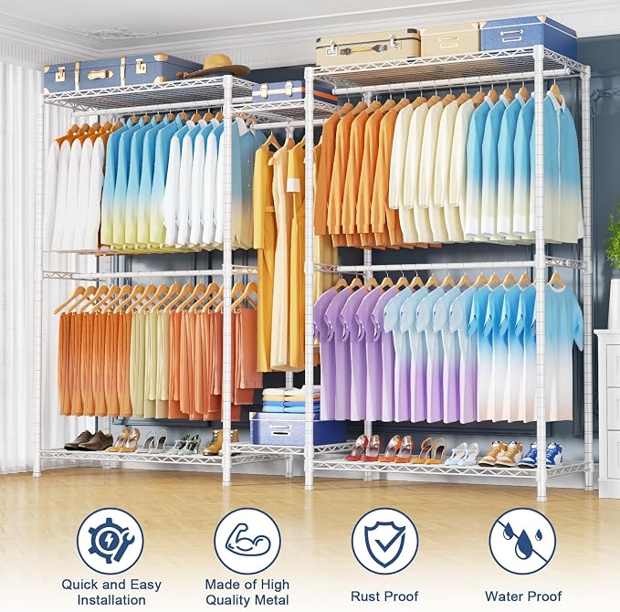 E12 Max Clothes Rack，Heavy Duty Freestanding Garment Rack with Shelves，Metal Clothing Closet Storage System for Hanging Clothes，83" W x 16" D x 76.5" H, Hold 1060 lbs，White